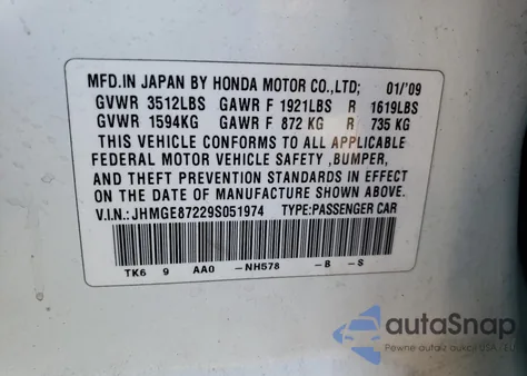 2009 Honda Fit из США, поврежденный, VIN JHMGE87229S051974